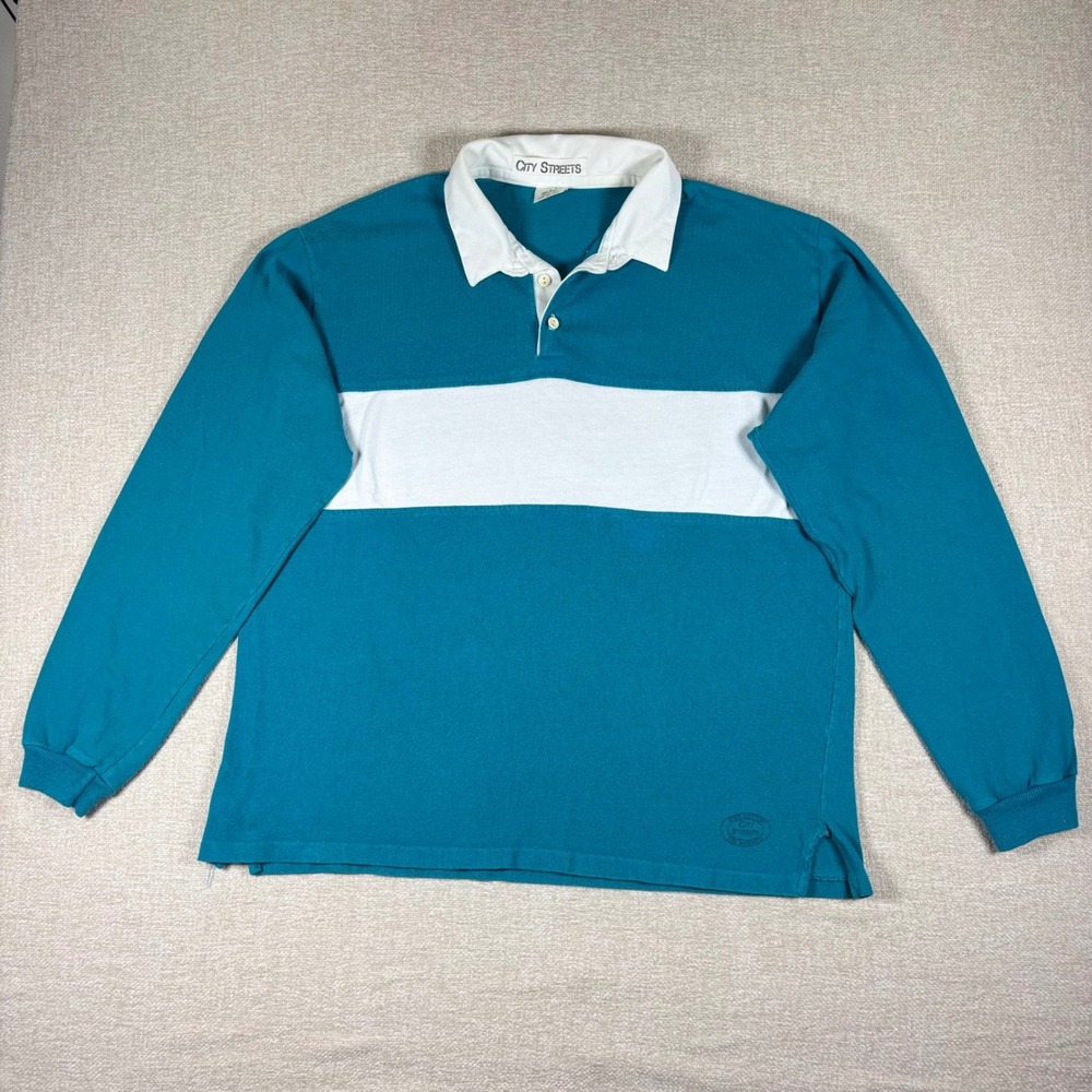 Vintage City Streets Rugby Shirt Mens XL Teal White Colorblock Stripe USA Cotton - Picture 1 of 8